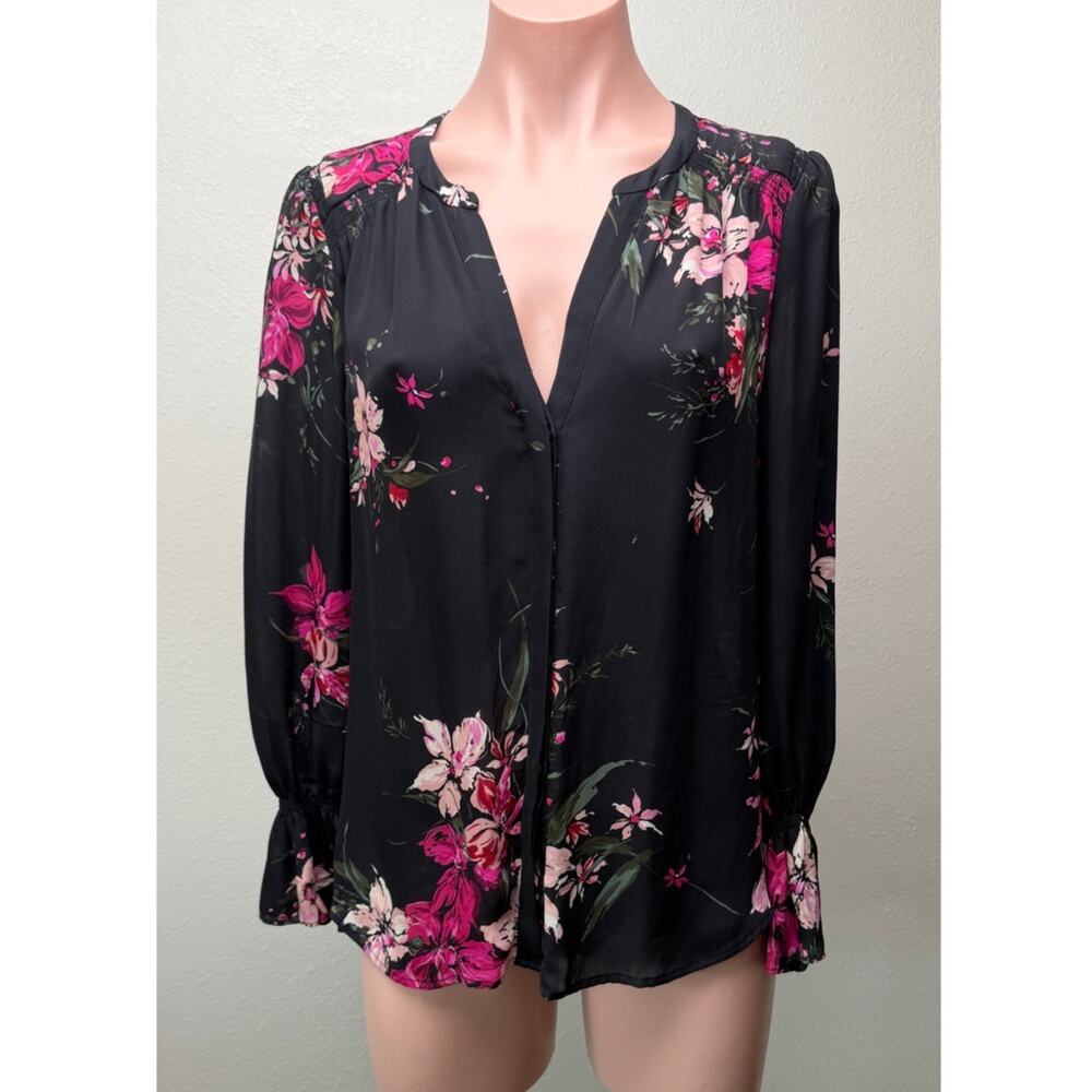 Joie Black Pink Floral Silk V Neck Blouse Women S